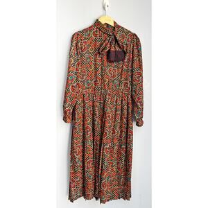 vintage HENRY LEE sz 10 pleated scarf neck paisley 1980s dress EUC